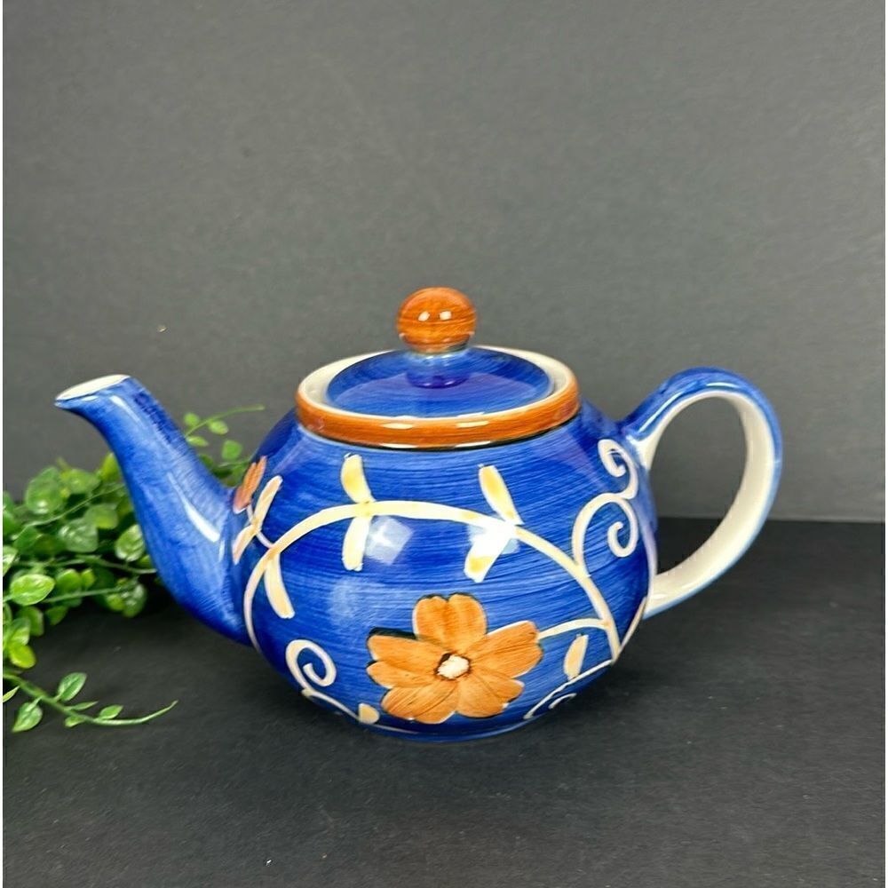 Herman Dodge & Son Ceramic Teapot Blue White Beige Floral Hand Painted
